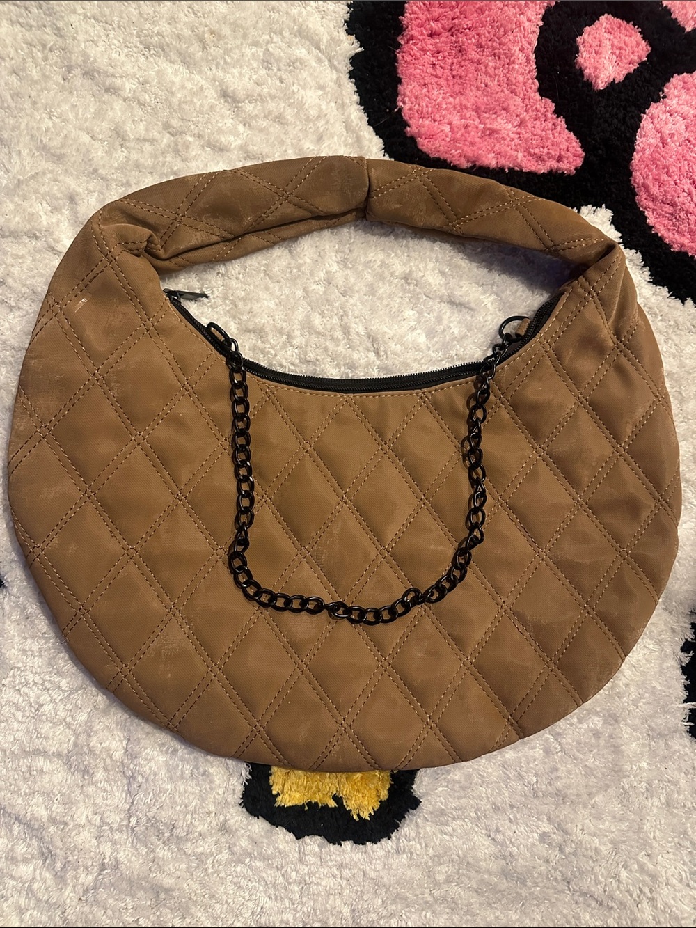 Quilted Crescent Shoulder Bag in Brown